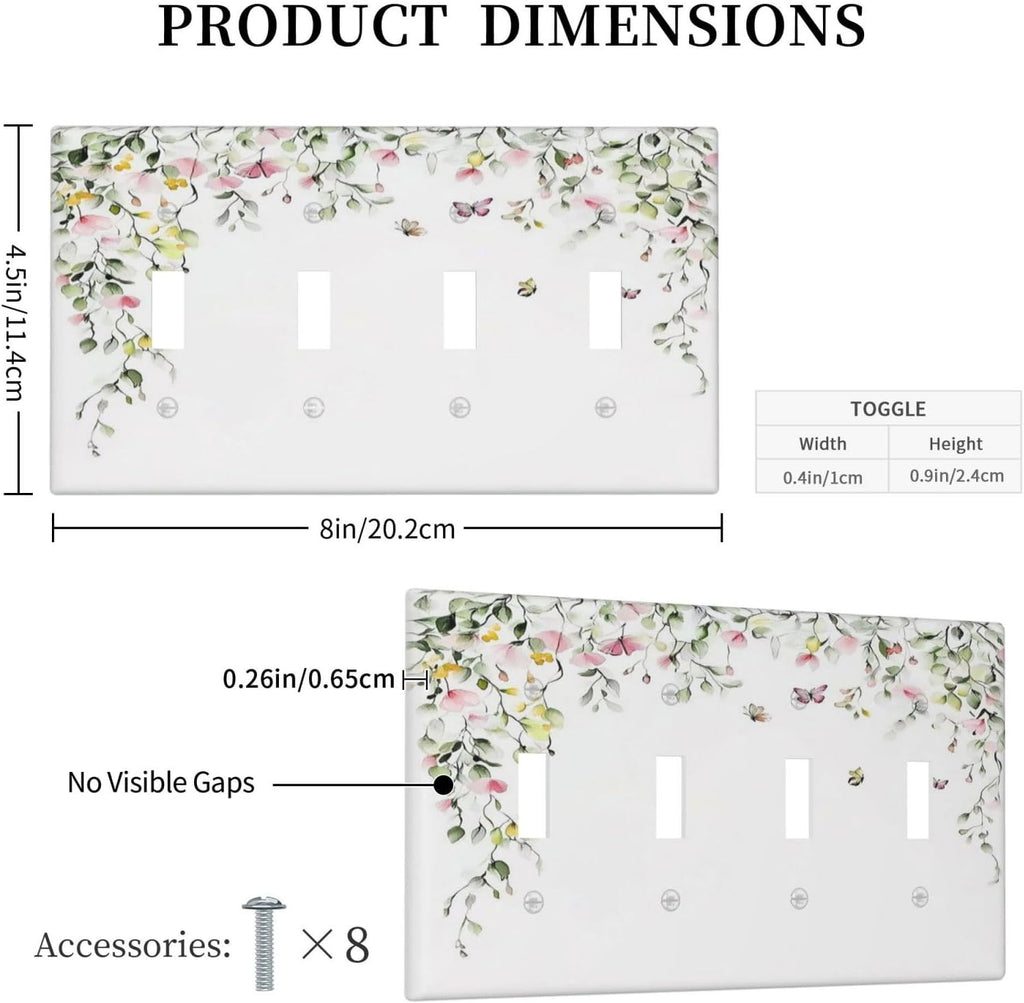 Watercolor Flowers Vine Colorful Butterfly Floral Light Switch Covers Quad Toggle Electrical Faceplate 4 Gang Wall Plate Decorative Switch Plates For Bed Room Living Room Decor