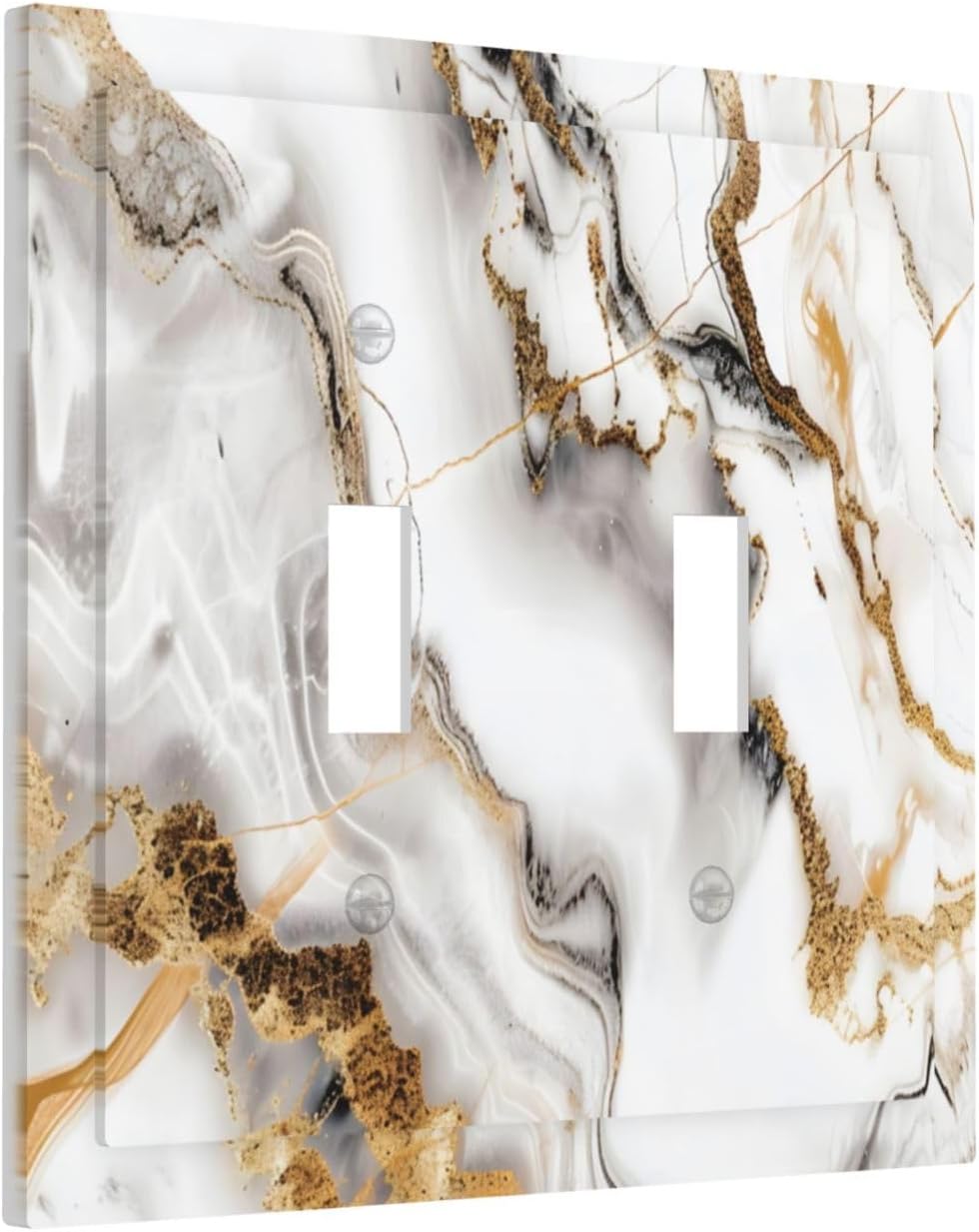 Luxurious Marble Abstract White Gold Tile Modern Simplicity Decorative Switch Plates 2 Gang Double Toggle Outlet Light Switch Cover Wall Plate Electrical Faceplate for Bathroom Kitchen Decor