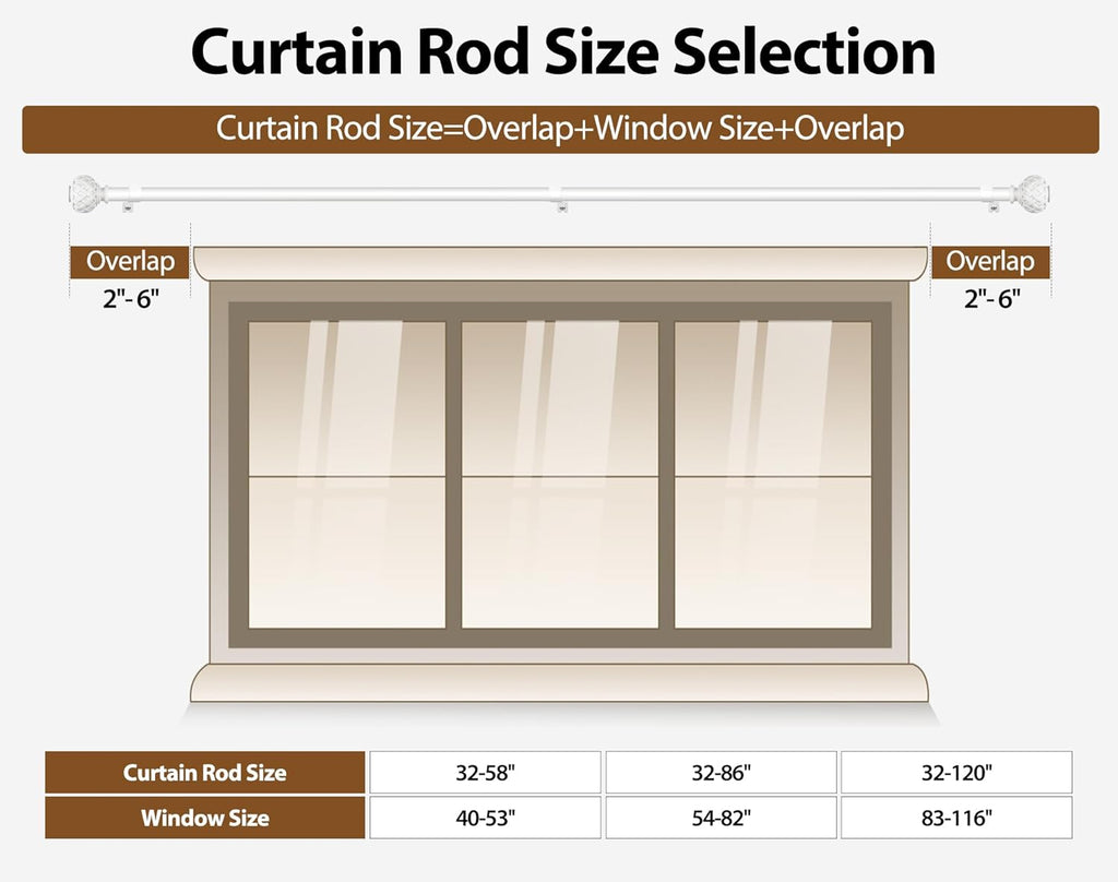 TONIAL White Curtain Rod 32 to 58 Inches, 7/8 Adjustable Curtain Rods for Windows 20 to 54 Inches, Splicing Drapery Rods Heavy duty with Netted Texture Finials