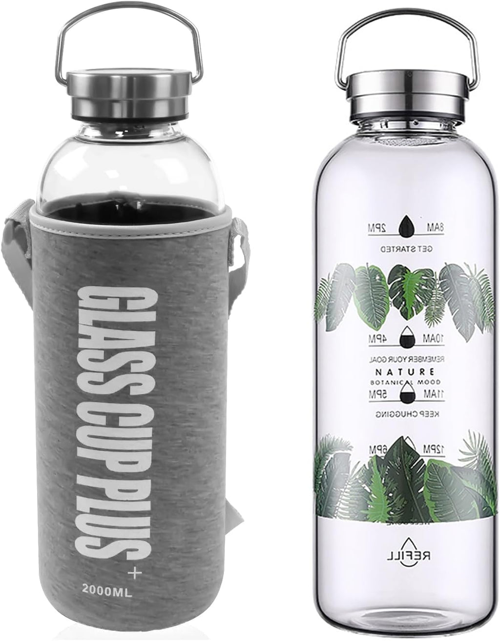 2 Liter Large Glass Water Bottle with Motivational Daily Water Intake Marks,Drinking Bottle,64 oz Resuable Wide Mouth Glass Bottles with Handle Sleeve, BPA Free for Gym/Office (Slivery Lid)