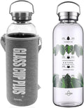 2 Liter Large Glass Water Bottle with Motivational Daily Water Intake Marks,Drinking Bottle,64 oz Resuable Wide Mouth Glass Bottles with Handle Sleeve, BPA Free for Gym/Office (Slivery Lid)
