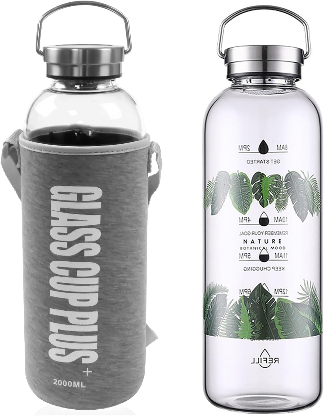 2 Liter Large Glass Water Bottle with Motivational Daily Water Intake Marks,Drinking Bottle,64 oz Resuable Wide Mouth Glass Bottles with Handle Sleeve, BPA Free for Gym/Office (Slivery Lid)