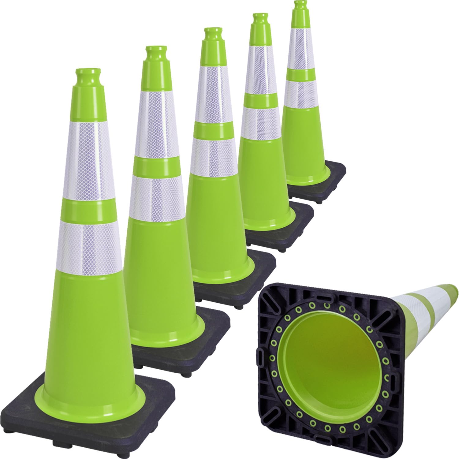 6 Pack 28" Inch Large PVC Traffic Cones with Heavy-Duty Black Base, High-Visibility All-Weather Safety Cones for Road Construction, Parking Lot, Garage Use (6, Green, 28" Large)