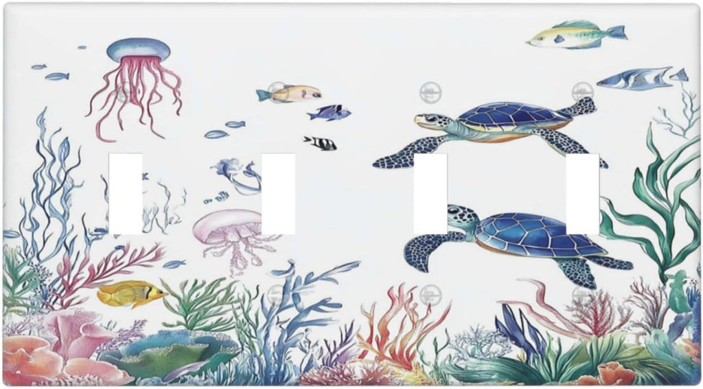 Blue Sea Turtle Ocean Fish Octopus Coral Light Switch Covers Quad Toggle Electrical Faceplate 4 Gang Wall Plate Decorative Switch Plates For Bathroom Kids Room Decor