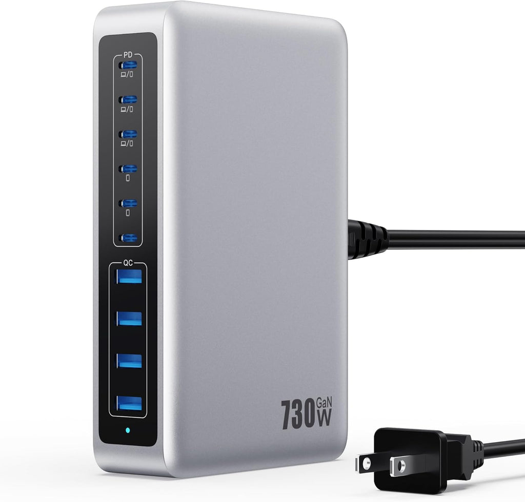 730W USB C Charger Block,GaN IV Fast Charging Station Hub 10 Ports,QC4.0+3 PD 100W USB C Laptop Charger Ports Power Adapter Compatible with MacBook Air/Pro,DELL,iPhone 17/16/15/14/13,iPad,Steam Deck