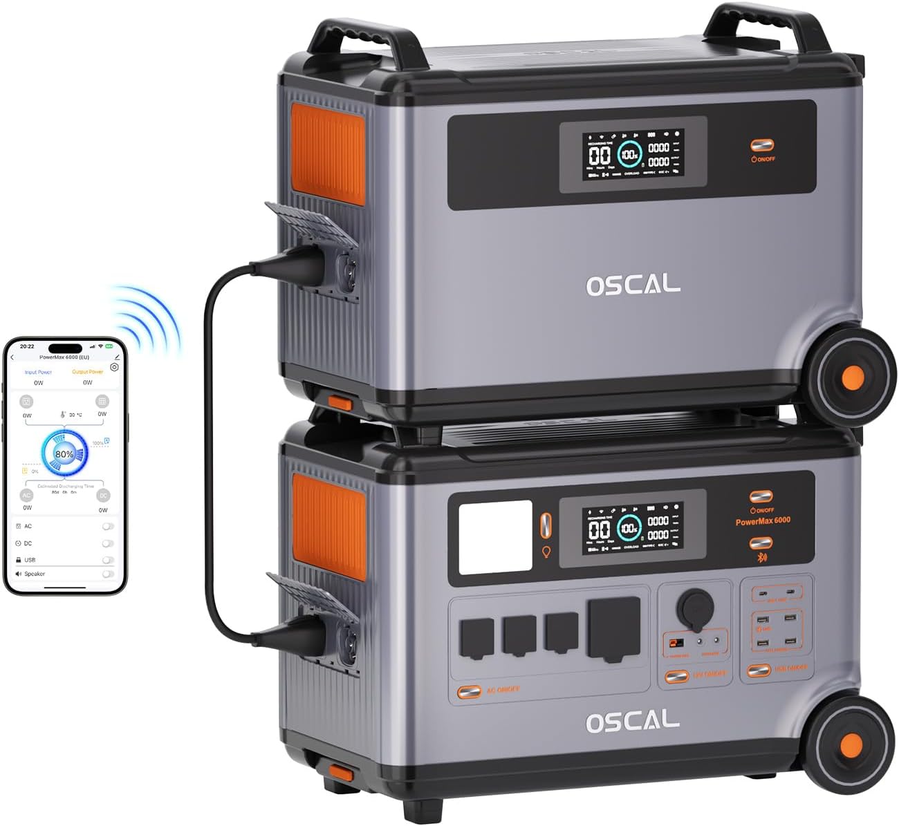 OSCAL 6000W Solar Generator with with Expansion Battery,120V/240V Dual Voltage Power Station,7.2kWh Capacity Lifepo4 Battery with 14 Outlets,2200W 1.96H Fast Charge,Promax6000 for Home Backup.
