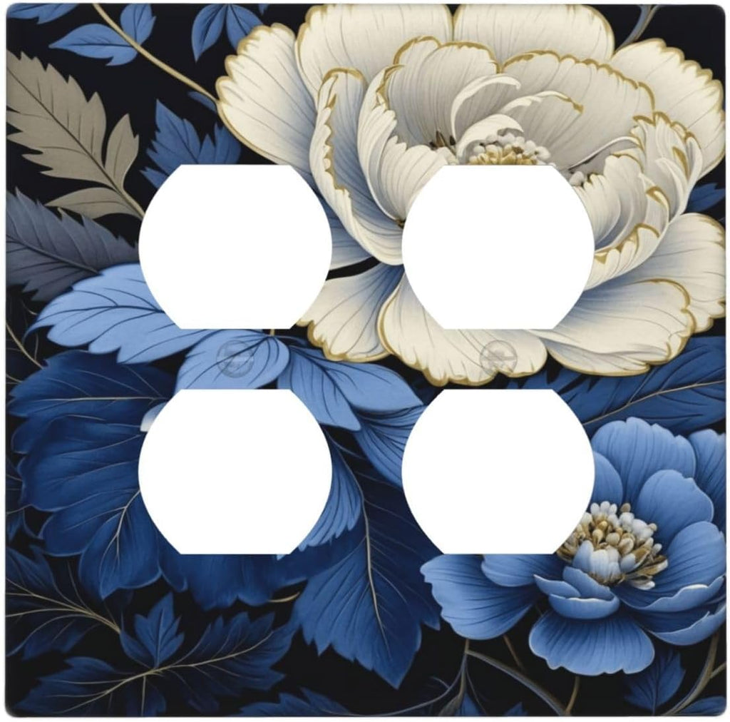 Decorative Outlet Covers Rustic Blue White Flowers Big Floral 2 Gang Wall Plate Double Duplex Light Switch Cover Switch Plate Covers Faceplate for Country Bedroom Home Decor