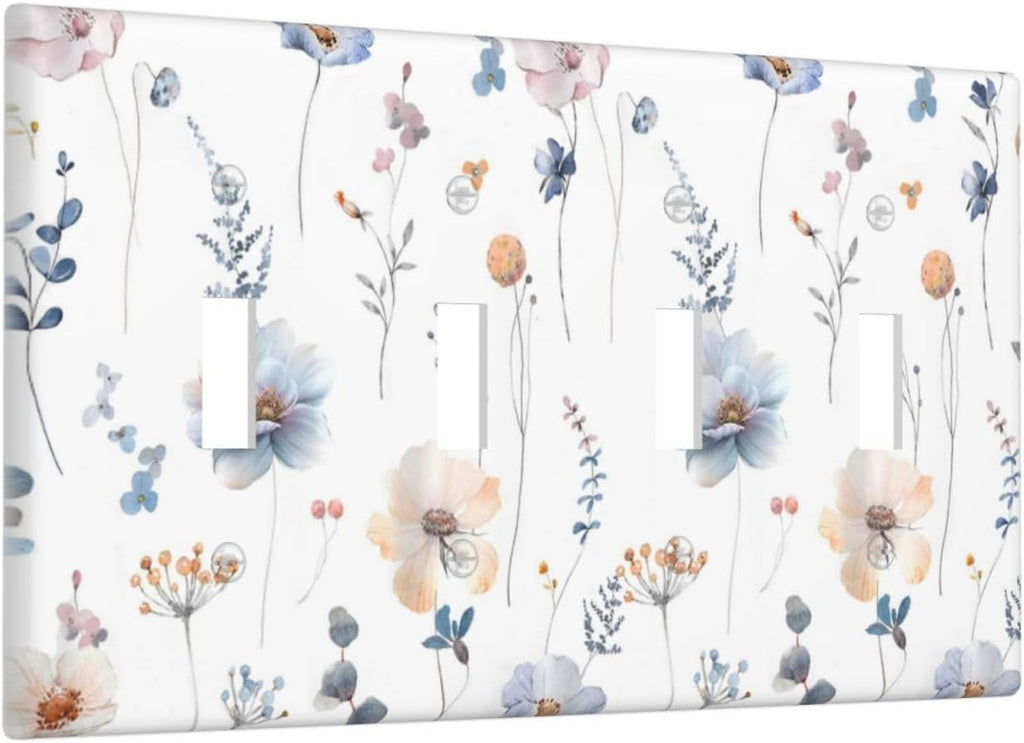 Wildflowers Plant Leaves Floral Berry Light Switch Covers Quad Toggle Electrical Faceplate 4 Gang Wall Plate Decorative Switch Plates for Bed Room Living Room Decor