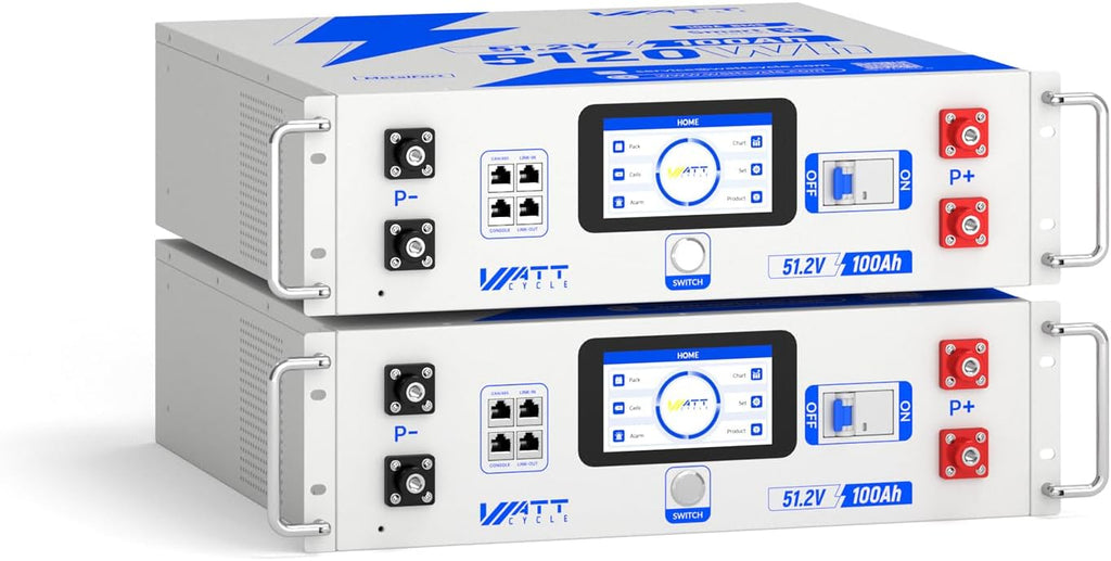 Wattcycle 48V 100Ah LiFePO4 Lithium Battery 100A BMS 2 Pack, 3U Server Rack Battery 5120Wh, with LCD Touchscreen & Bluetooth, 6000+ Cycles Perfect for Home Storage, Solar, RV, Off-Grid, UPS Backup