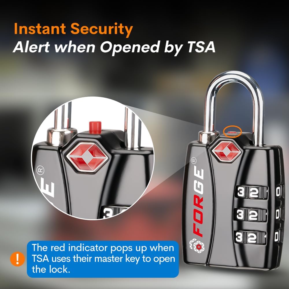 Forge TSA Luggage Combination Lock - Open Alert Indicator, Easy Read Dials, Alloy Body- Ideal for Travel, Lockers, Bags (Black 4PK)
