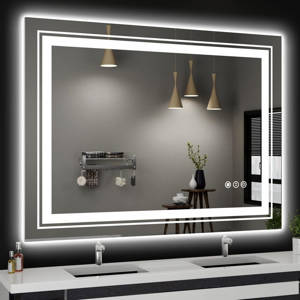 LED Bathroom Mirror, 48"X36" with Front and Backlit, Anti-Fog, Large Bathroom Vanity Mirror for Wall, Memory Function, Stepless Dimmable, Tempered Glass (Horizontal/Vertical)