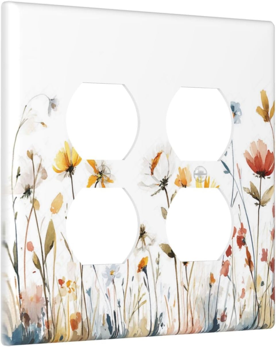Watercolor Wildflower Colorful Floral Plant Outlet Covers 2 Gang Double Duplex Decorative Light Switch Covers Electrical Wallplates Socket Faceplate for Bed Room Living Room Decor