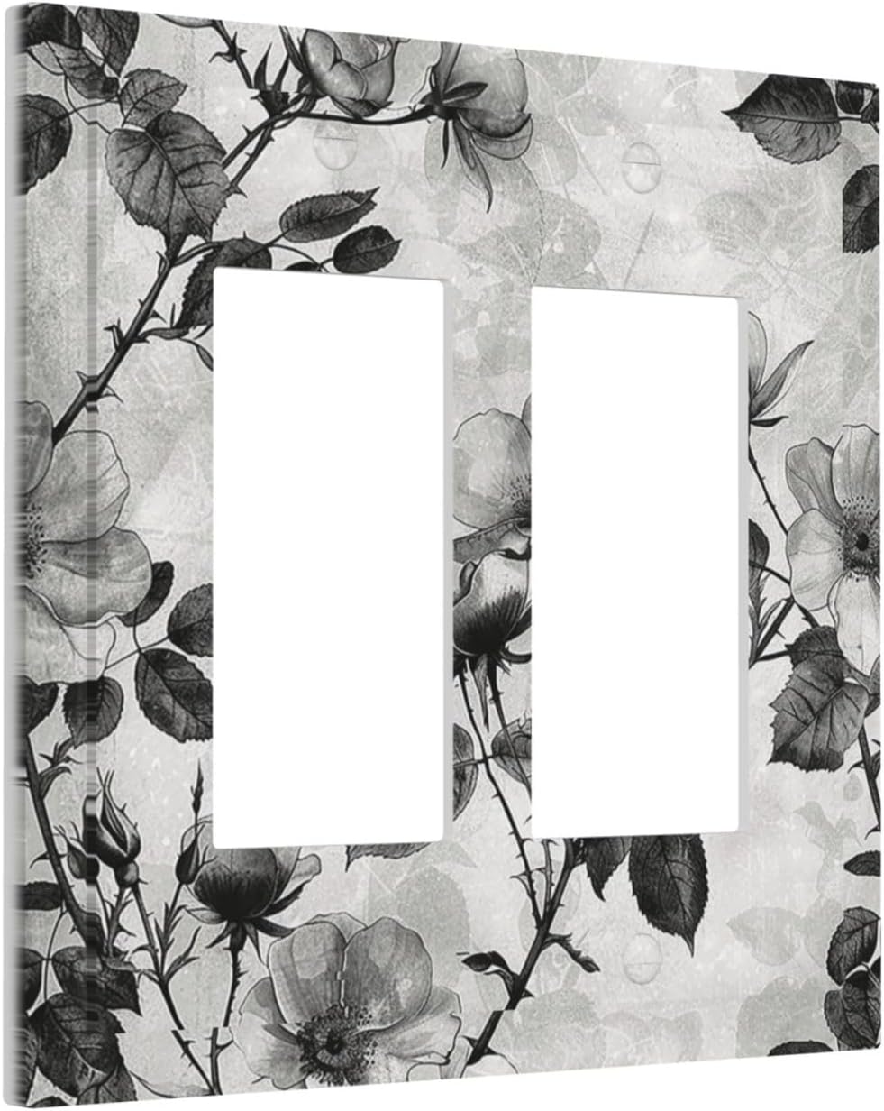 Decorative Outlet Covers Black Breezy Watercolor Garden Floral 2 Gang Double GFCI Rocker Electrical Wall Panels Light Switch Cover Plate for Bedroom Home Decor