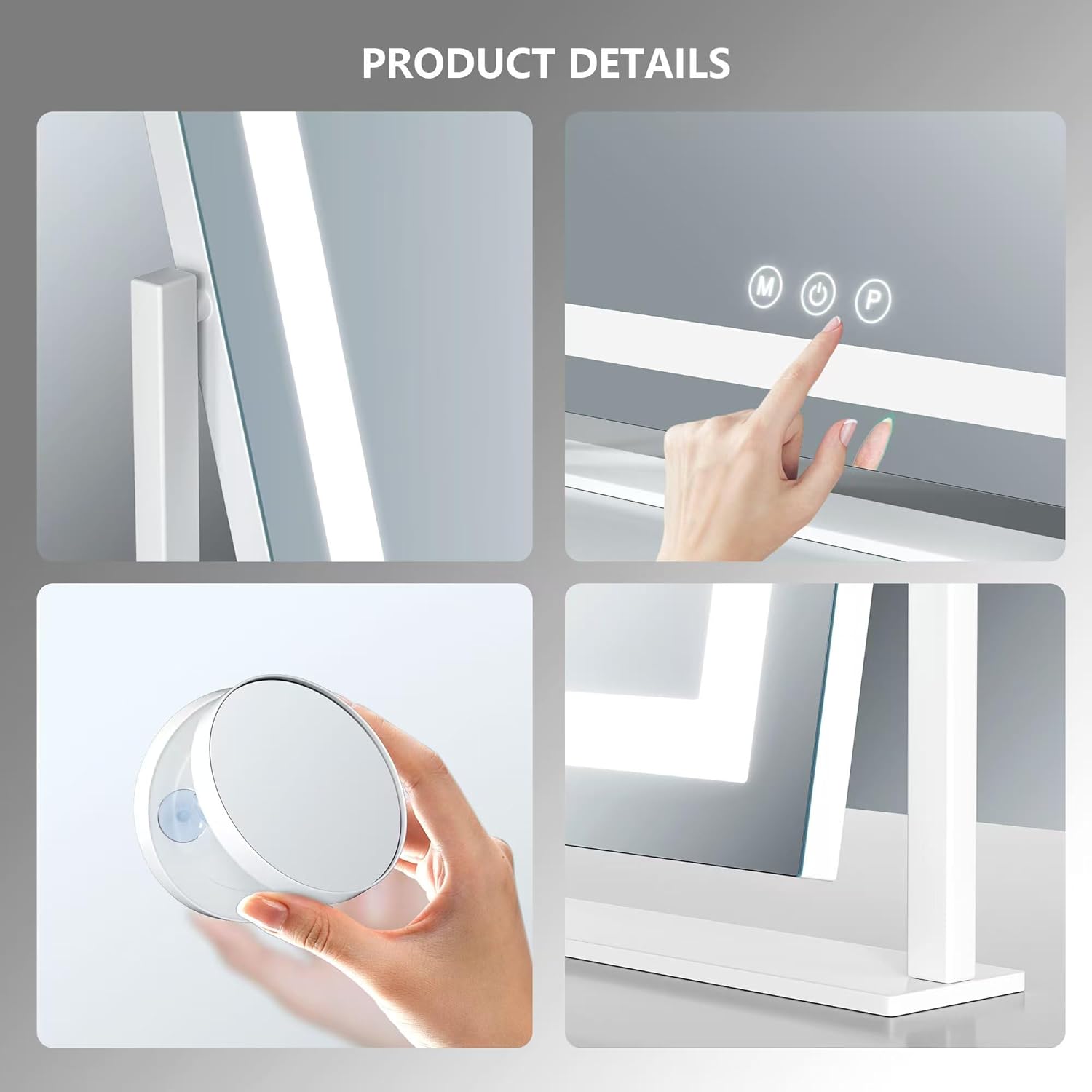 Vanity Mirror with Lights, 17.3’’ LED Makeup Mirror Detachable 10X Magnification, Smart Touch Control, 3 Color Lighting Modes,360°Rotation Tabletop Make Up Mirror for Bedroom Bathroom