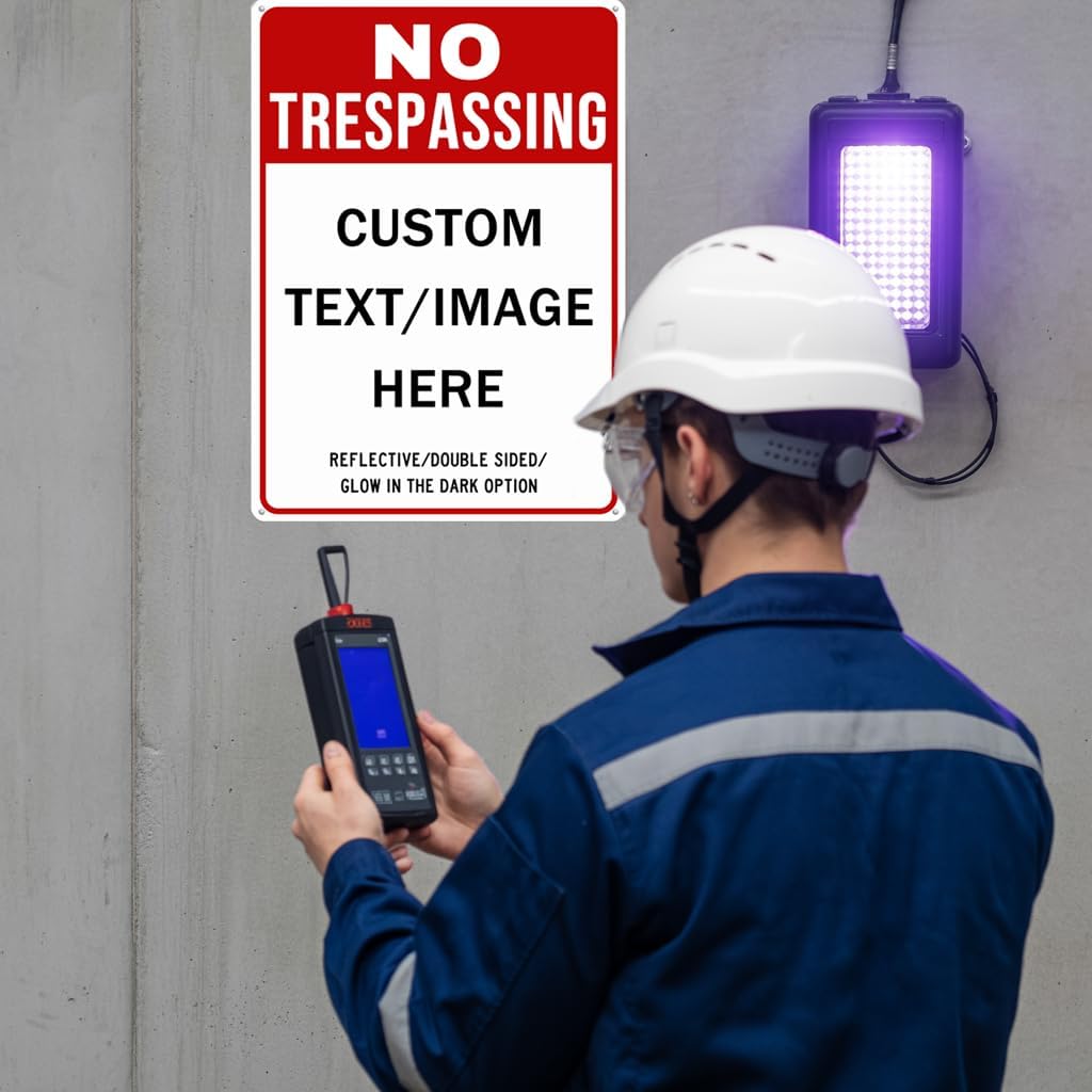 Custom No Trespassing Sign, Glow in the Dark/Reflective Option, 16''x12'' Personalized Large Aluminum Warning Signs, Customize for Business, Yard, Garden, School, Driveway, Outdoor