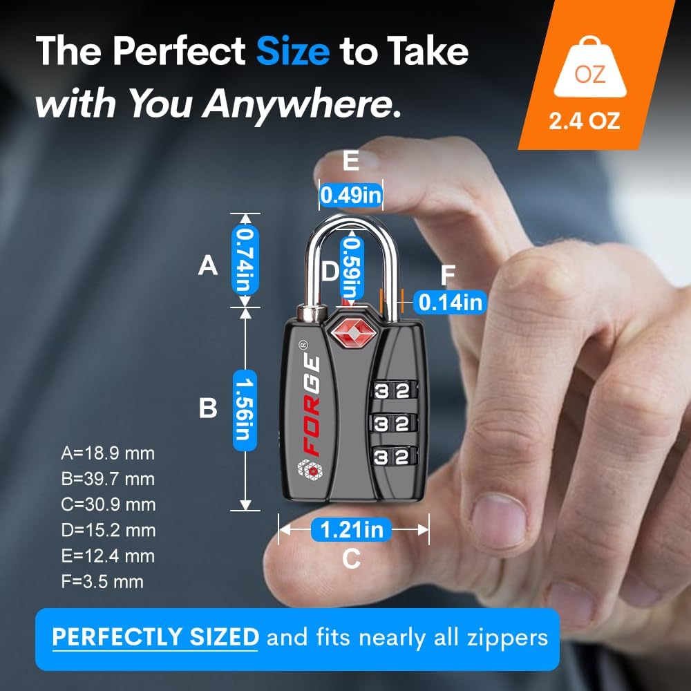 Forge TSA Luggage Combination Lock - Open Alert Indicator, Easy Read Dials, Alloy Body- Ideal for Travel, Lockers, Bags (Black 4PK)