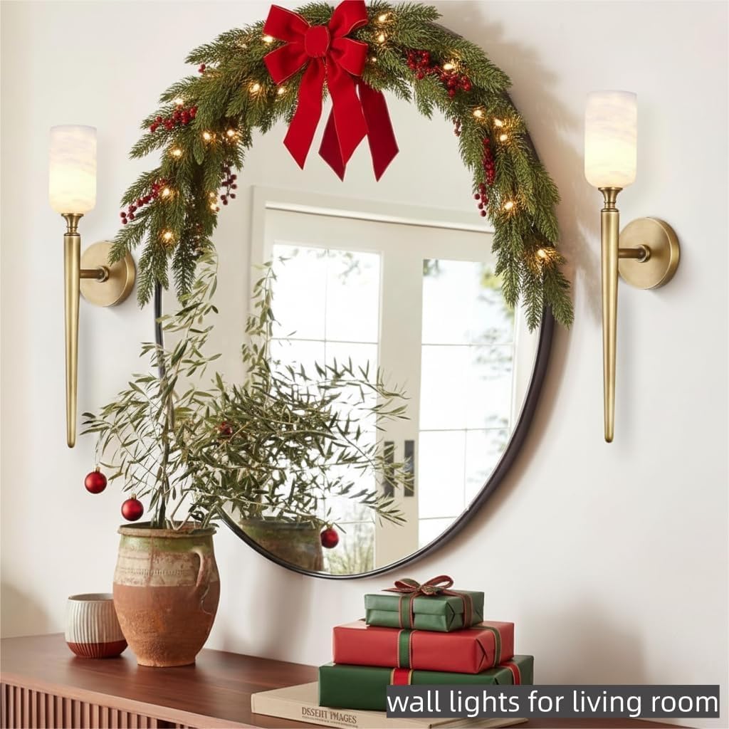Alabaster Wall Sconces Set of Two, 22in Modern Spanish Natural Marble Bathroom Vanity Sconces, Brass Alabaster Sconce Wall Lighting, Gold Wall Light Fixtures Decor for Bedroom Living Room Staircases