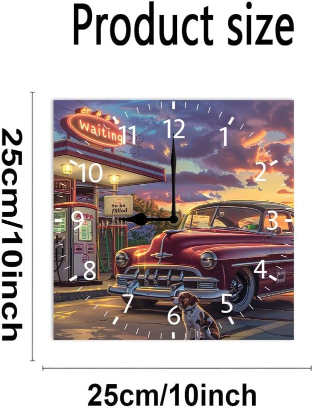 10 in Old Fashioned Gas Station Car -294 Wood Wall Clock – Digital Time Display, Smart Home Compatible for Bedside or Workspace