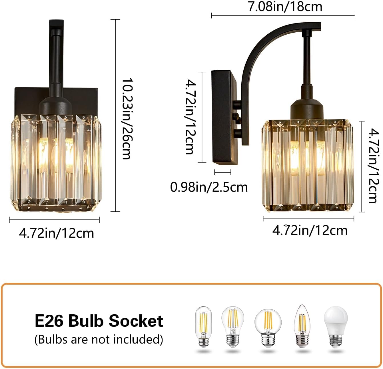 Wall Sconces, Set of 2 Black Crystal Vanity Lights, Modern Wall Lamp for Bathroom, Hallway, and Makeup, Easy Installation
