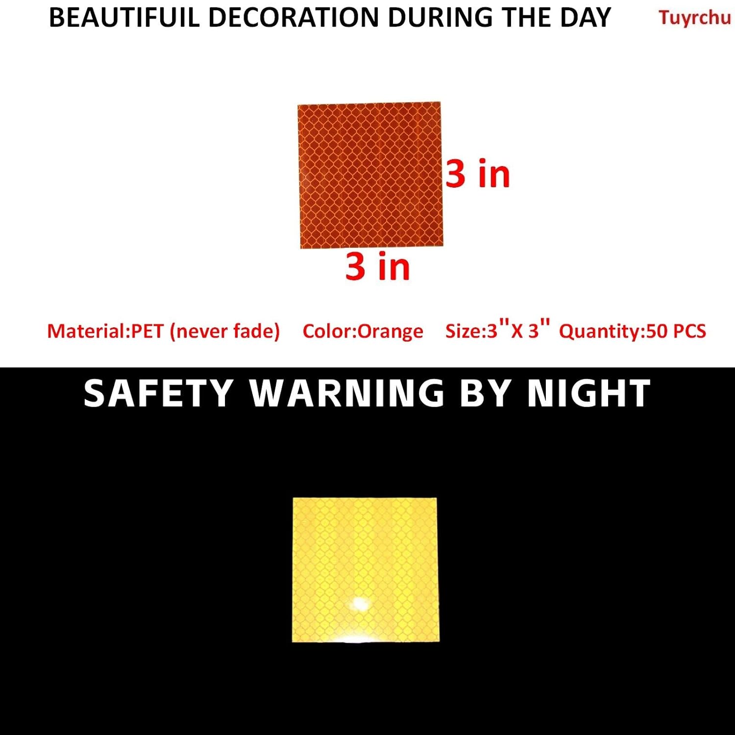 Non Fading Orange Reflective Stickers 3 inch X 3 inch, Outdoor Waterproof High Visibility Warning Safety Adhesive Reflector Tape (50 Pcs)
