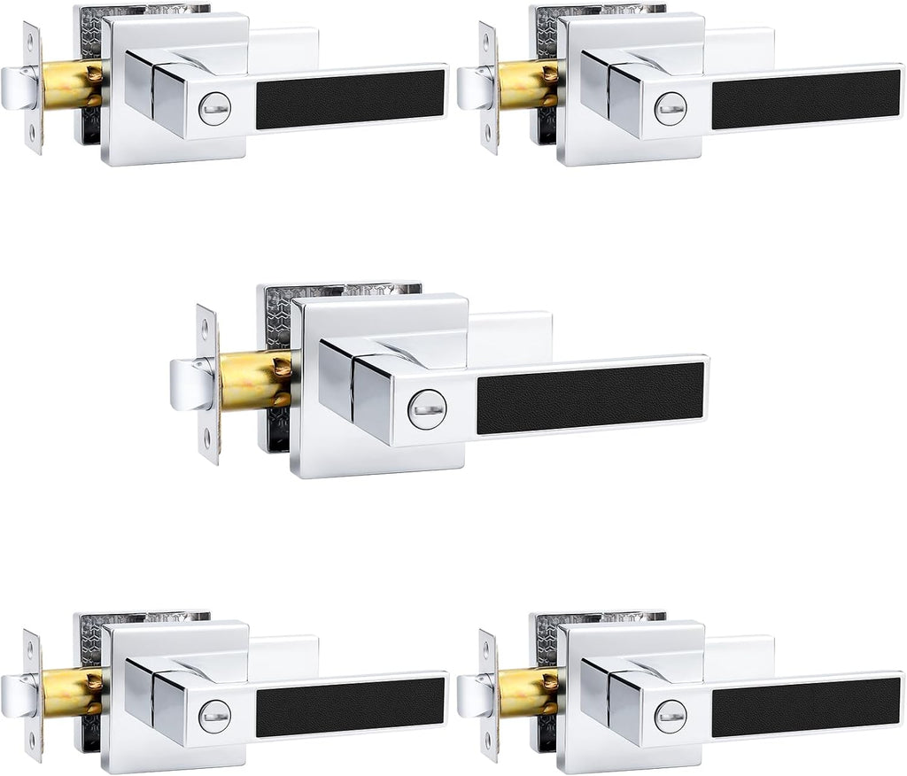 Probrico Square Heavy Duty Door Handle with Black Leather Hand Lever, Keyless Privacy Interior Door Levers for Bedromm and Bathroom, Polished Chrome, 1 Pack