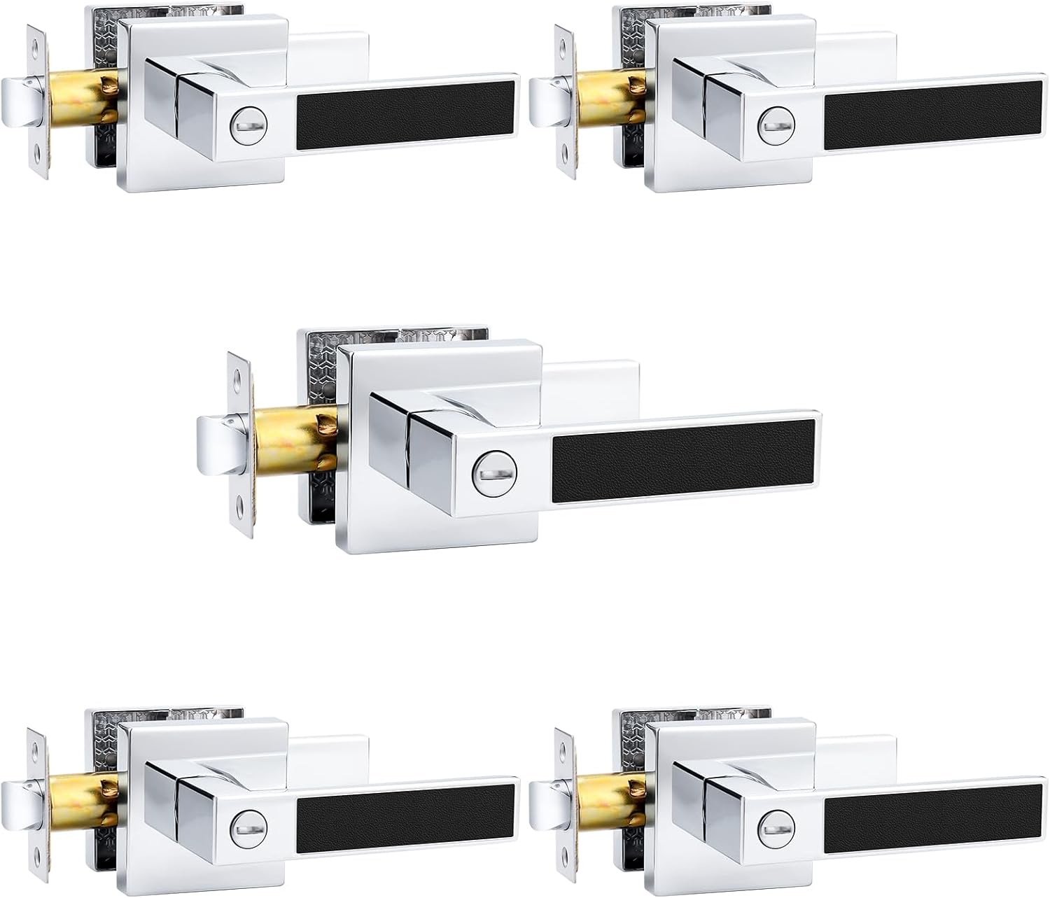 Probrico Square Heavy Duty Door Handle with Black Leather Hand Lever, Keyless Privacy Interior Door Levers for Bedromm and Bathroom, Polished Chrome, 1 Pack