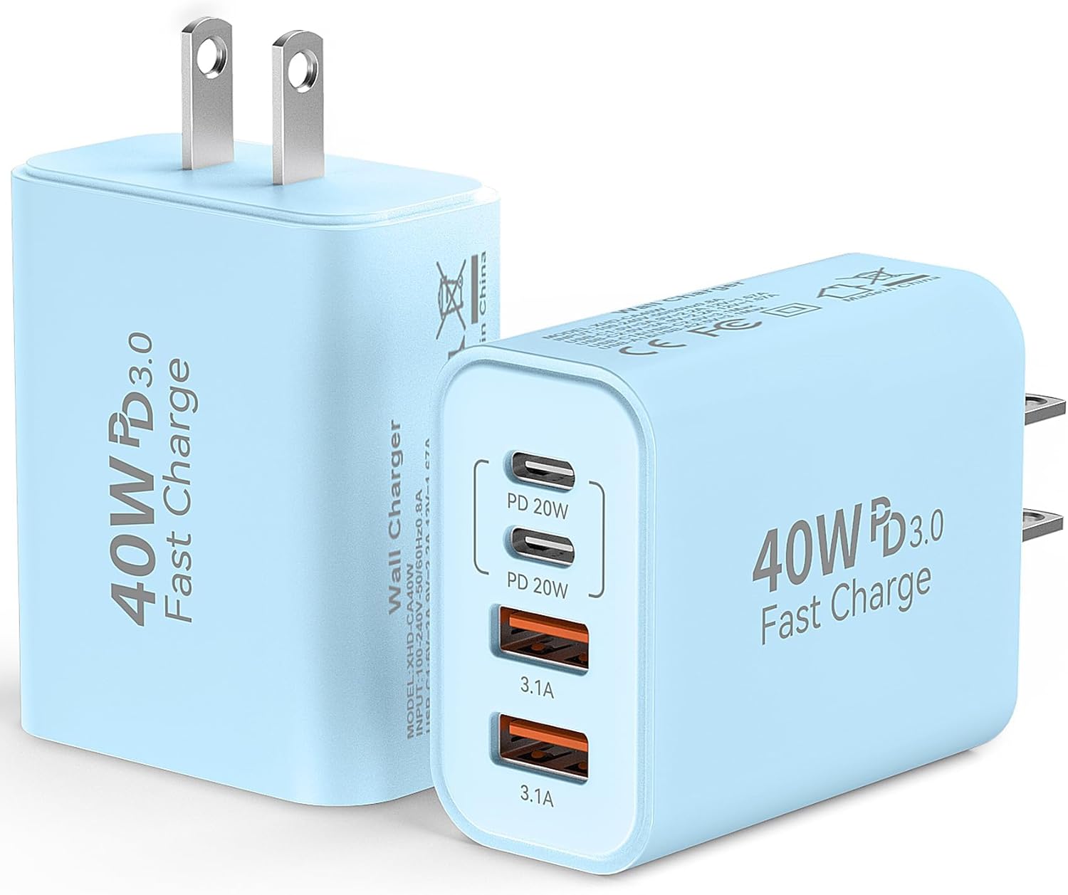 USB C Wall Fast Charger Block, 40W 4-Port Type C Chargers Fast Charging Blocks PD Power Charger Adapter+QC 3.0 USB Multiport Charger Brick for Phone 17/16/15/14/13/12 Pro Max, i-Pad, Galaxy S25-2Pack