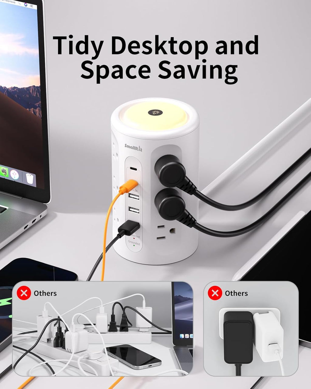 Power Strip Tower with Night Light, Surge Protector Tower with Multiple Outlets (12AC+3A+2C), 10 FT Extension Cord Charging Station for Home, Office, Dorm Essentials (White)