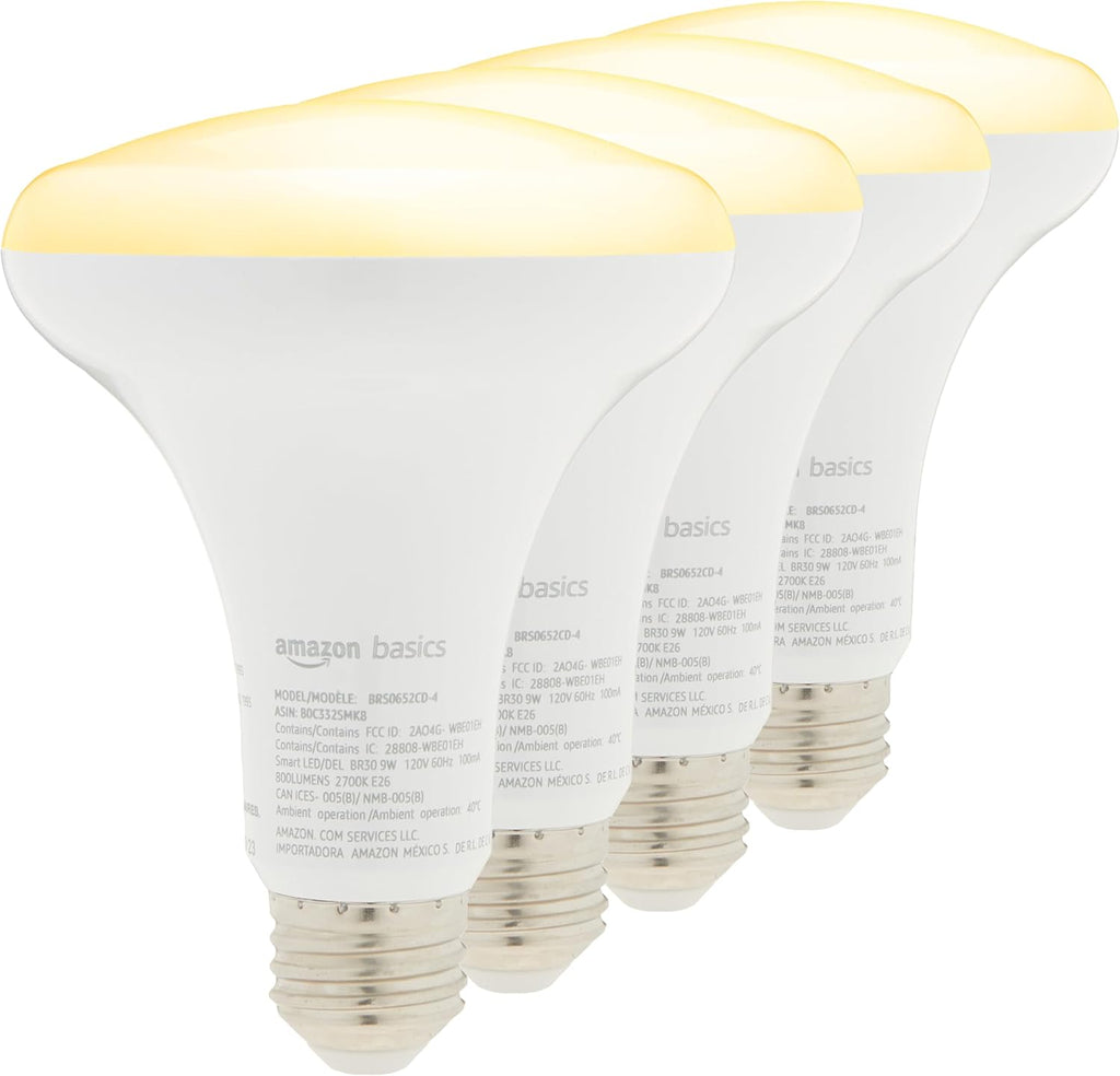 Amazon Basics Smart BR30 LED Light Bulb, Dimmable Soft White (2700K), 9W (60W Equivalent), 800LM, Works with Alexa Only, 2.4 GHz Wi-Fi, No Hub Required, 4 Pack