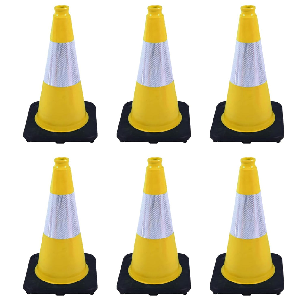 6 Pack 18 Inch Yellow Traffic Cones with Reflective Bands, Durable Black Base Cones for Factory Safety, Loading Zones and Parking Guidance (6, Yellow, 18 Inch)