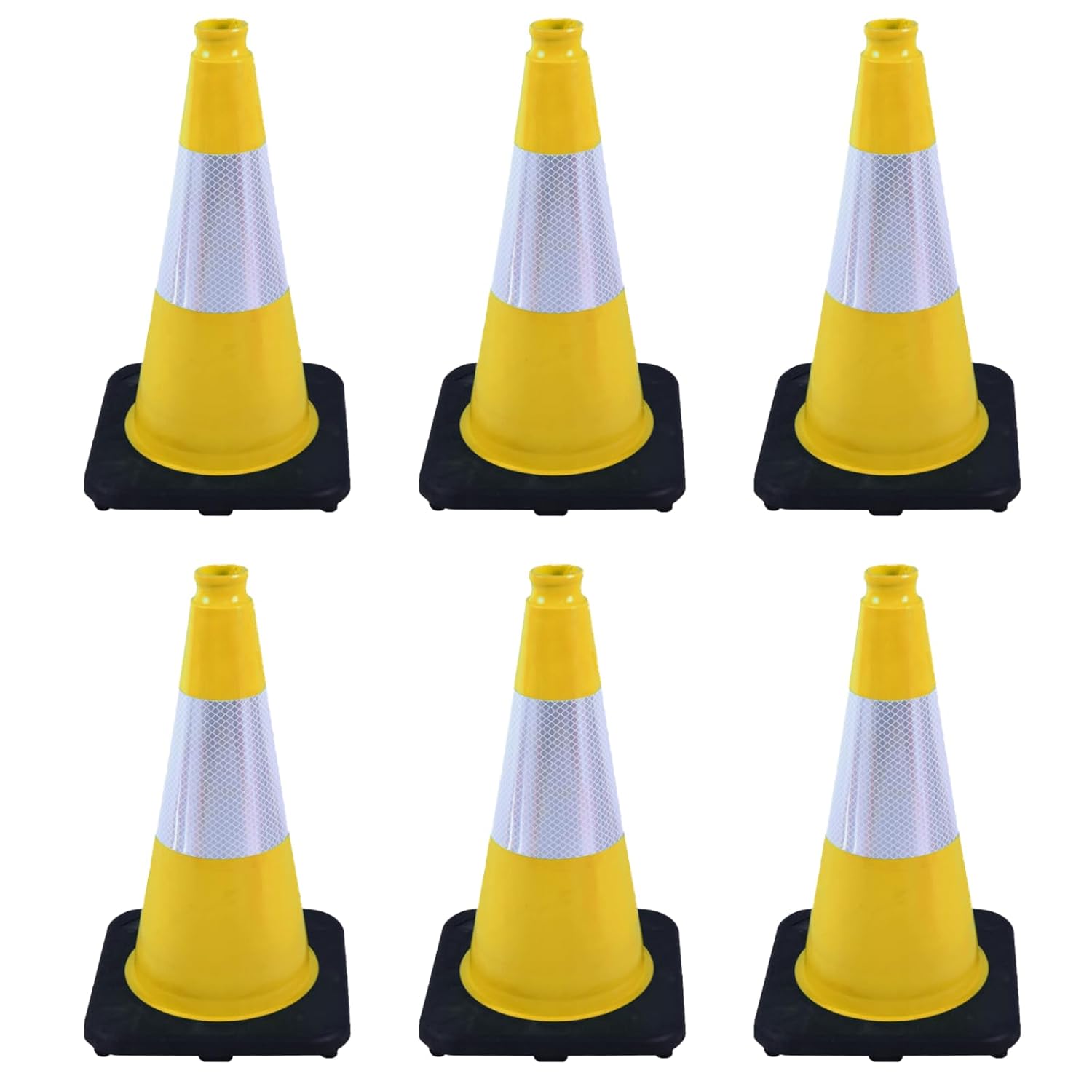 6 Pack 18 Inch Yellow Traffic Cones with Reflective Bands, Durable Black Base Cones for Factory Safety, Loading Zones and Parking Guidance (6, Yellow, 18 Inch)