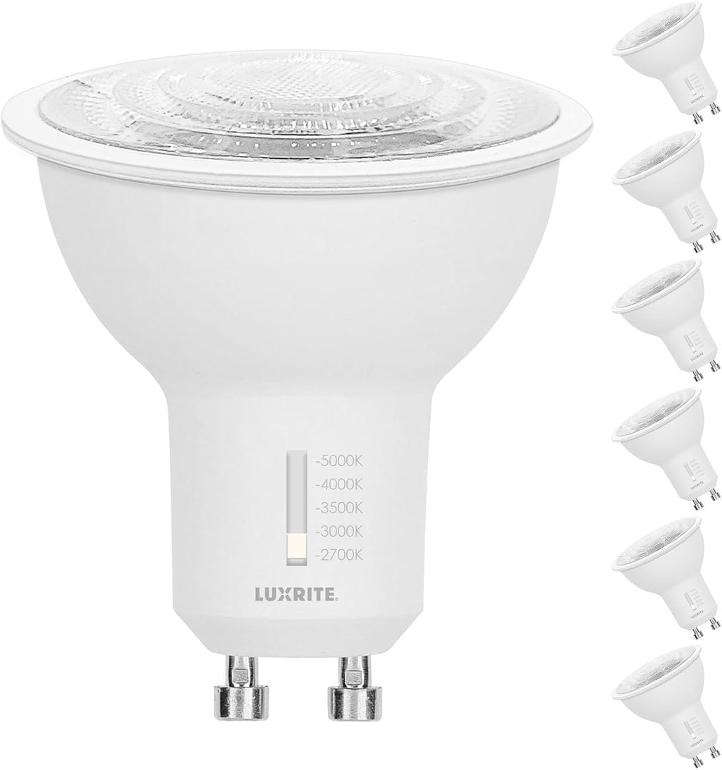 LUXRITE GU10 LED Bulbs Dimmable, 50W Halogen Equivalent, 5 Color Selectable 2700K-5000K, 6.5 Watt, 500 Lumens, 120V Spotlight LED Bulb GU10, Enclosed Fixture Rated (6 Pack)
