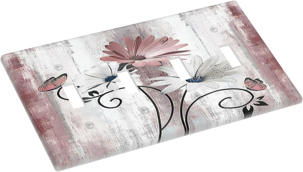 Light Switch Covers Pink White Daisy Butterfly Wood Grain Quad Toggle Electrical Faceplate 4 Gang Wall Plate Decorative Switch Plates for Farmhouse Bathroom Decor