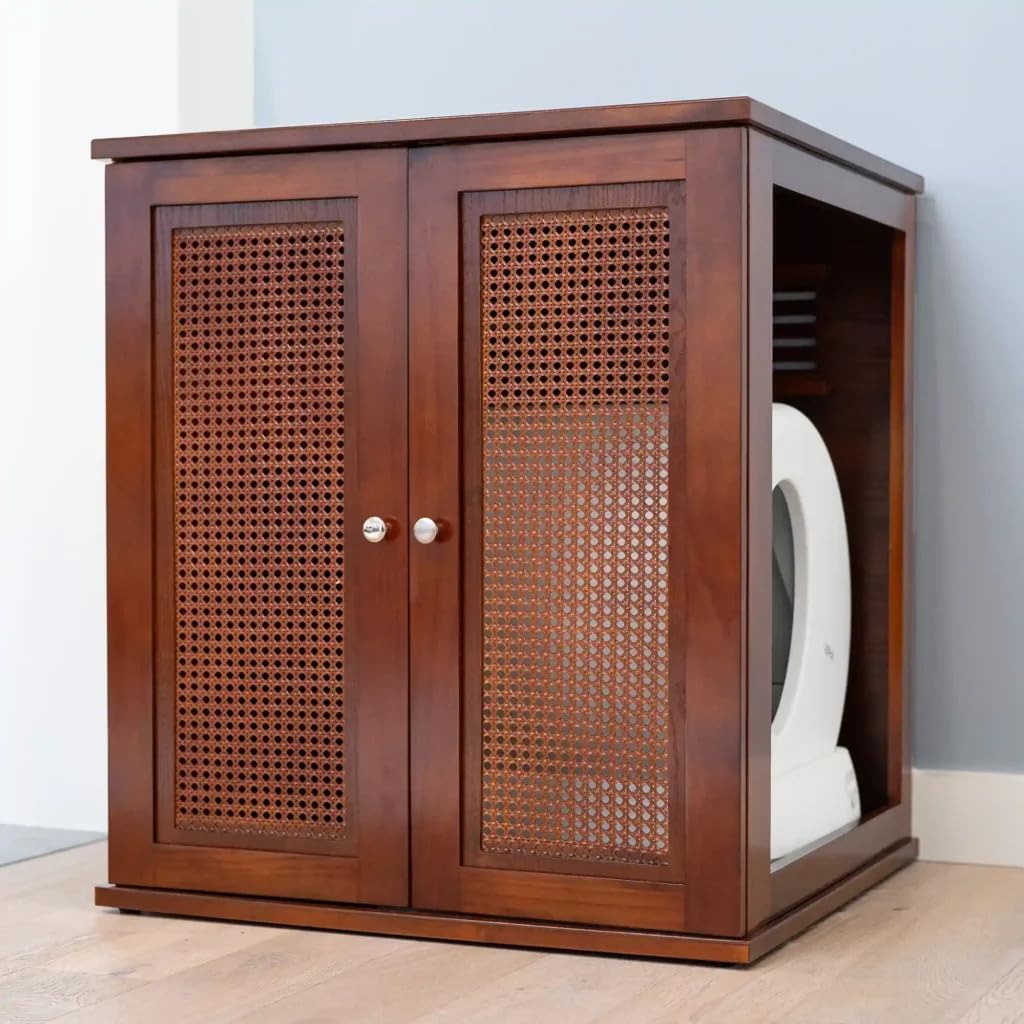 THE REFINED FELINE Refined Self-Cleaning Litter Box Cabinet, Wooden Cat Litter Box Enclosure for Automatic Litter Boxes, Mahogany, Cane Weave.