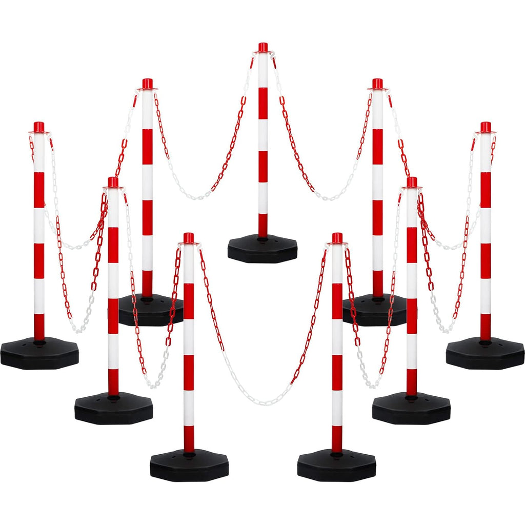 Amylove 9 Packs Traffic Delineator Post Cone with Base, Traffic Cones Safety Cones Caution Cones Plastic Stanchion Chain Safety Barriers with 6.6 Feet Link Chain and S Hooks for Parking Lot (Red)