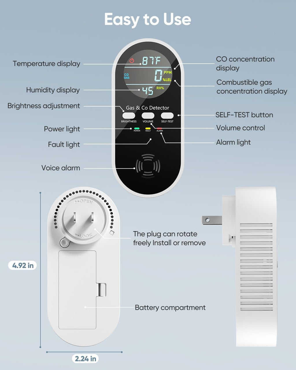 5-in-1 Carbon Monoxide Detectors, Natural Gas Leak Detector, Plug-in & Battery Backup Co Detector, HD Digital Display, CO Gas Temp Humidity Sensor, 3-Pcs, Black