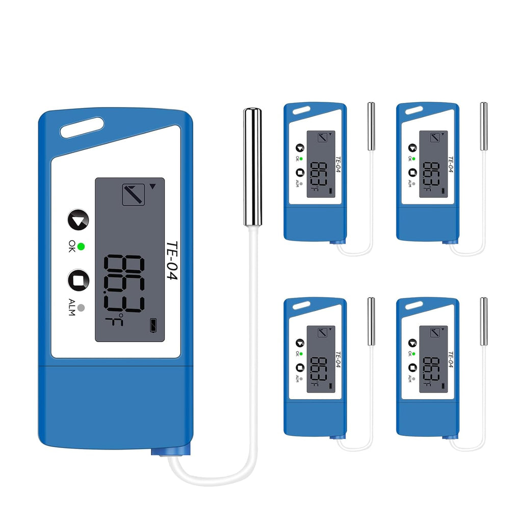 TE-04 5PCS Temperature Data Logger with External Probe, Auto PDF& CSV Report, 35,000 Points, Large Display Pause Recording Function, Temperature Recorder for Cold Chain Vaccine Storage
