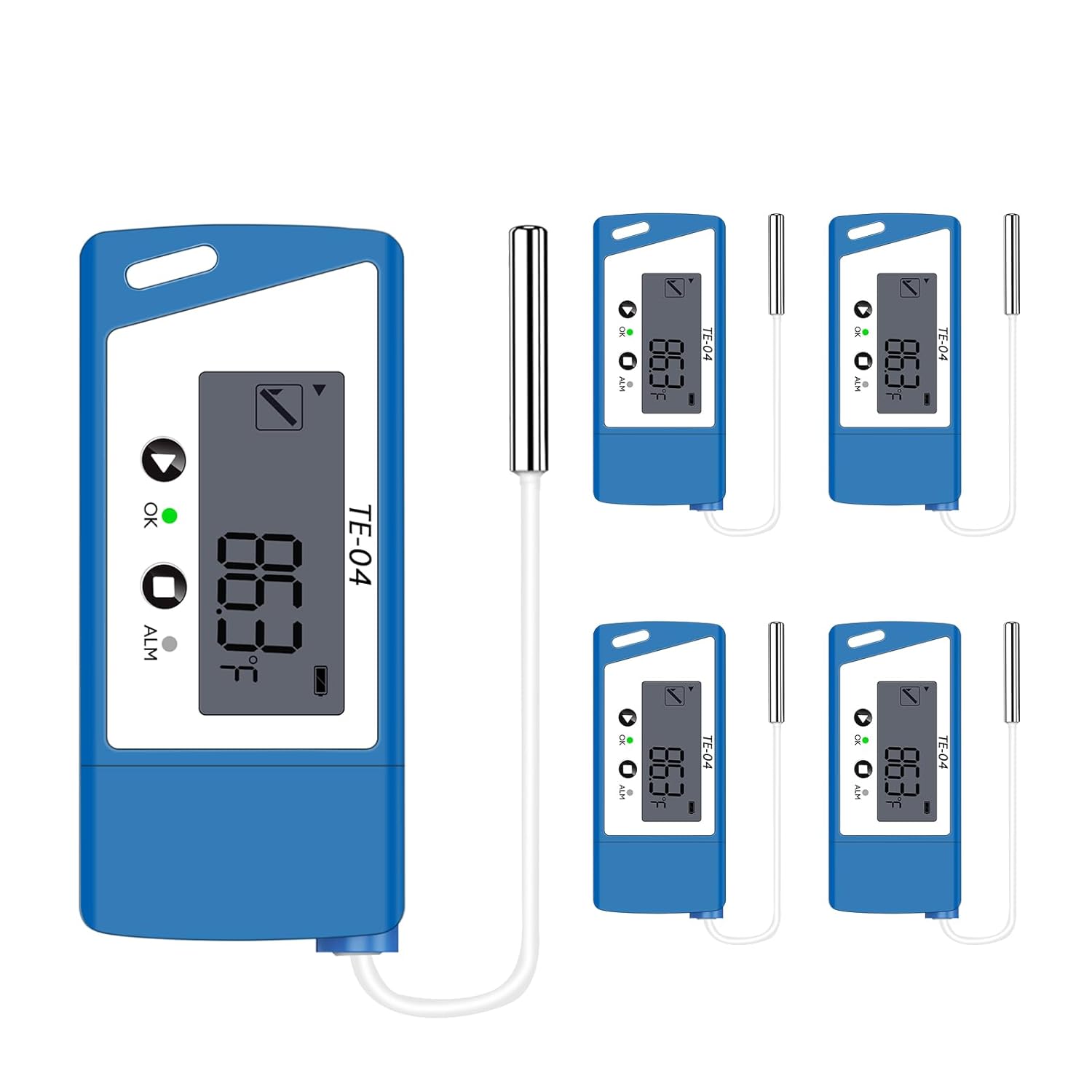 TE-04 5PCS Temperature Data Logger with External Probe, Auto PDF& CSV Report, 35,000 Points, Large Display Pause Recording Function, Temperature Recorder for Cold Chain Vaccine Storage