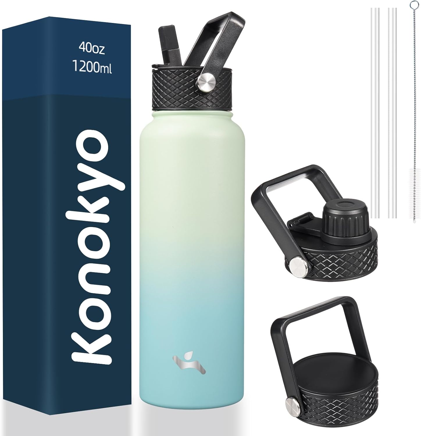 40oz Insulated Water Bottle Stainless Steel Sport Bottles with 3 Lids,Mint