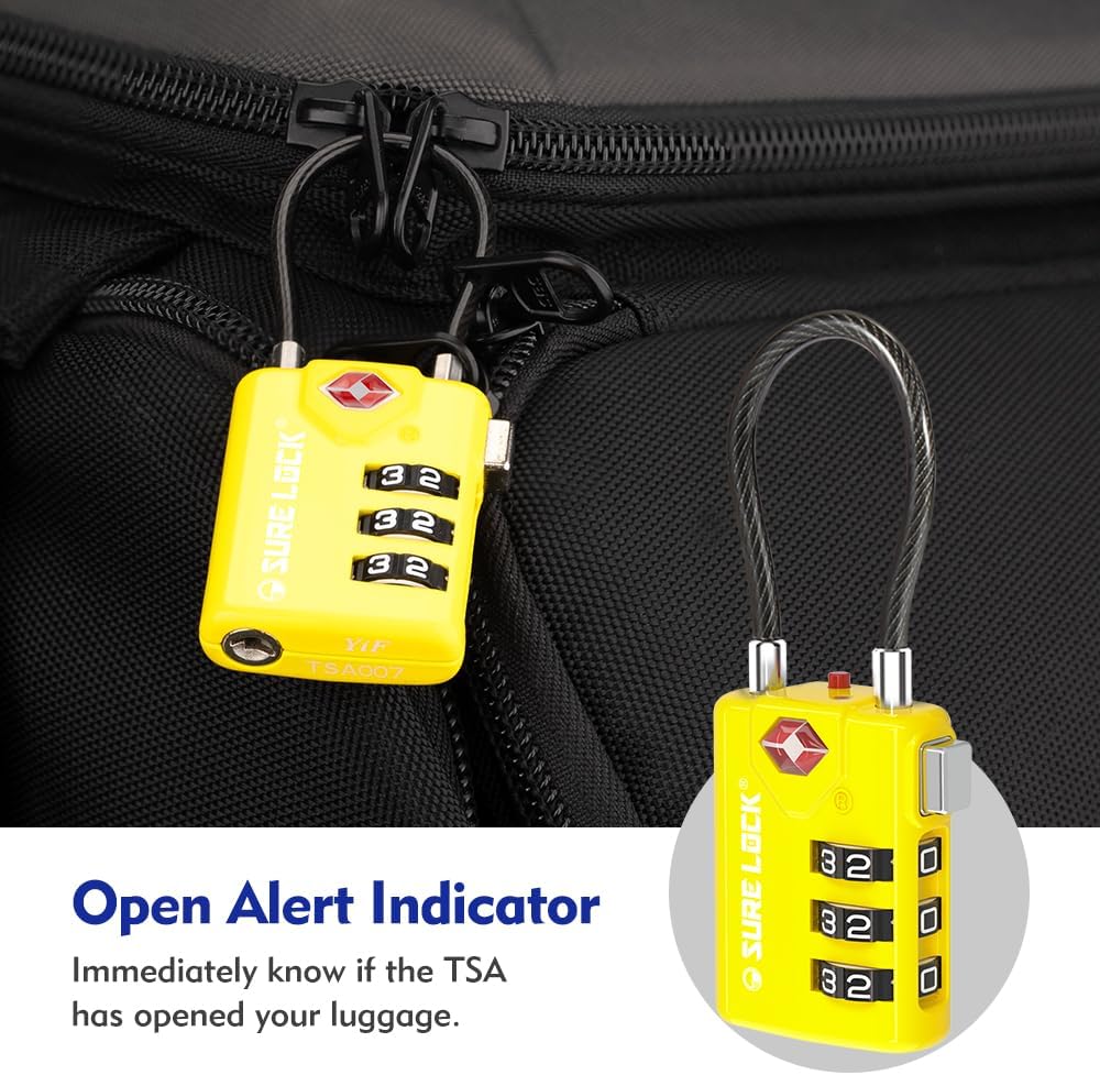 SURE LOCK TSA Compatible Travel Luggage Locks, Inspection Indicator, Easy Read Dials TSA Approved with Zinc Alloy (2, Yellow)