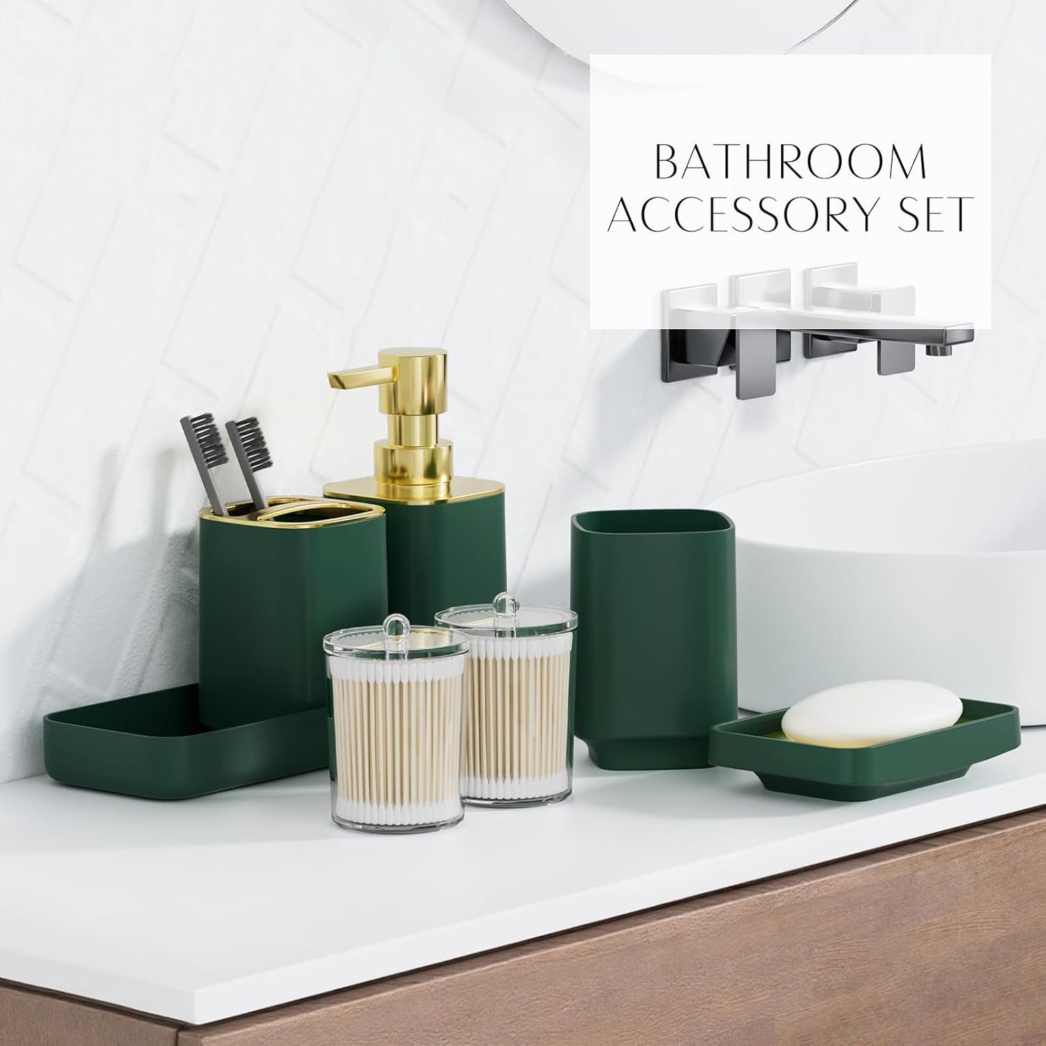 25PCS Bathroom Accessory Set, Dark Green Bathroom Set with Large-Capacity 4 Gallon Trash Can,Bathroom Rugs Set, Waterproof Shower Curtain, Toilet Brush, Toothbrush Holder & Soap Dispenser