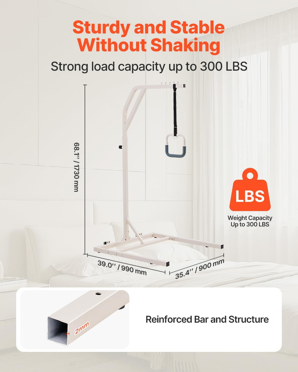 VEVOR Trapeze Bar for Bed Mobility, Height-Adjustable Free Standing Trapeze Bar with 2 Wheels, 300LBS Capacity Bed Pull Up Assist for Elderly Disabled, Ideal for Hospital, Nursing Home & Home Care