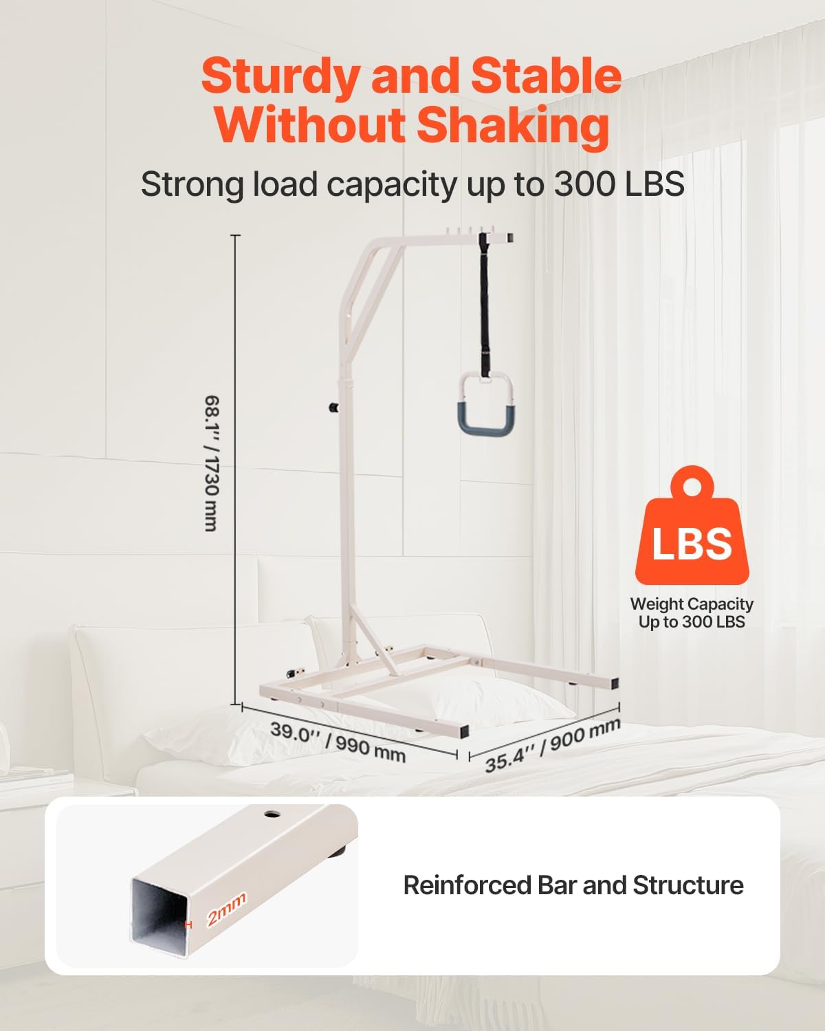 VEVOR Trapeze Bar for Bed Mobility, Height-Adjustable Free Standing Trapeze Bar with 2 Wheels, 300LBS Capacity Bed Pull Up Assist for Elderly Disabled, Ideal for Hospital, Nursing Home & Home Care