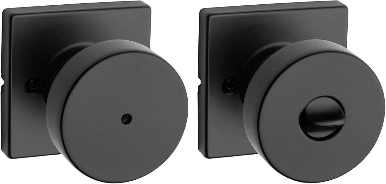 Kwikset Pismo Interior Privacy Door Knob with Lock, Door Handle for Bathroom and Bedroom, Matte Black Keyless Turn Lock Doorknob, with Microban Protection, Square Rose (Pack of 10)