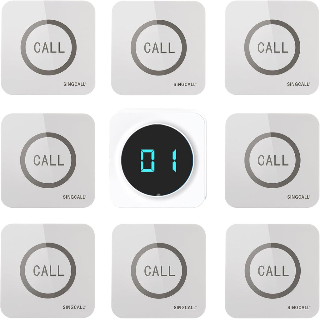 SINGCALL Restaurant Pager System Waiter Calling System Pagers and Beepers for Kitchen,Fast Food,Hotel,Restaurants,Cafe,Bar to Call Waiters 8 Waterproof Wireless Call Buttons 1 Number Display Receiver