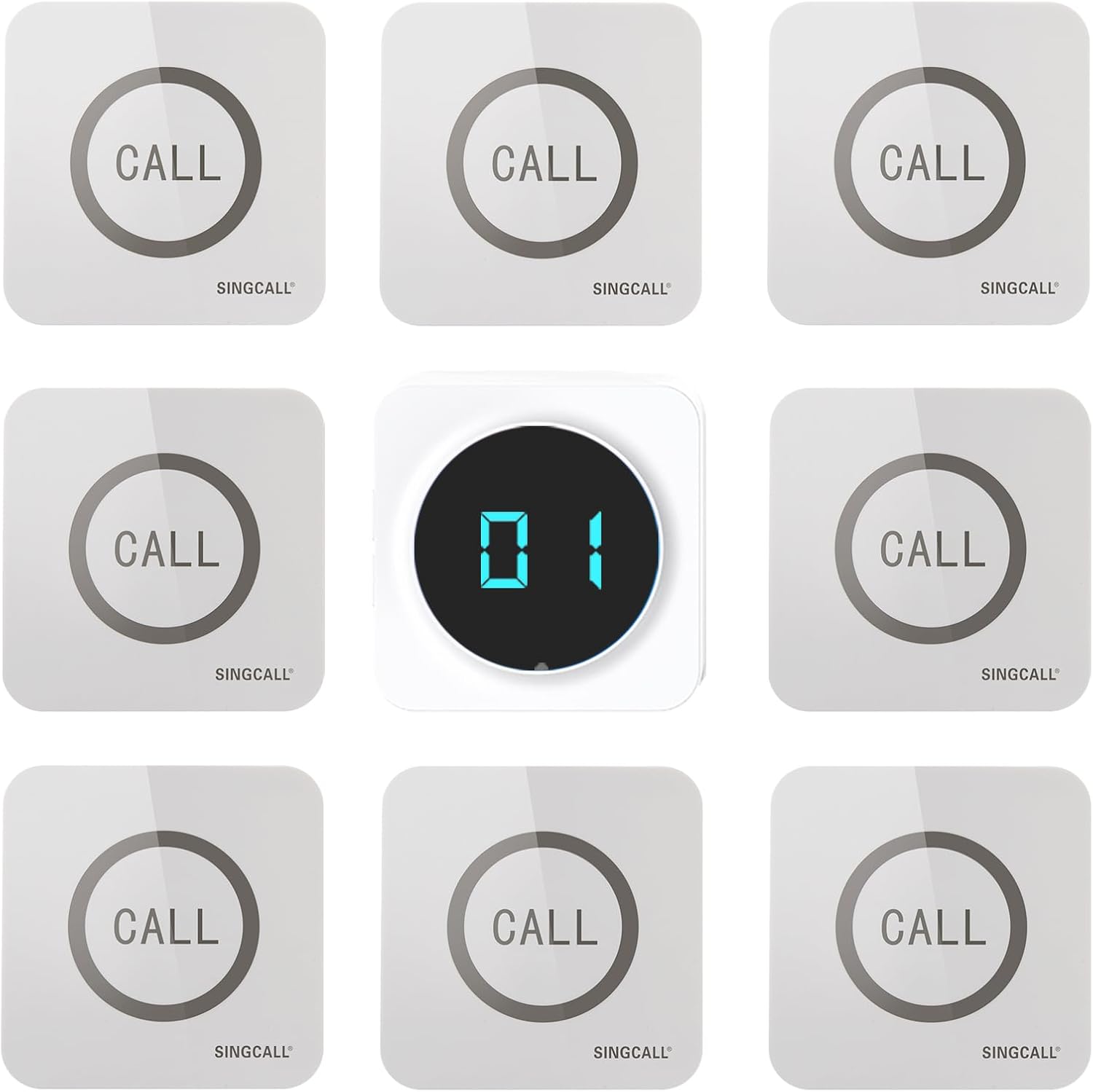 SINGCALL Restaurant Pager System Waiter Calling System Pagers and Beepers for Kitchen,Fast Food,Hotel,Restaurants,Cafe,Bar to Call Waiters 8 Waterproof Wireless Call Buttons 1 Number Display Receiver