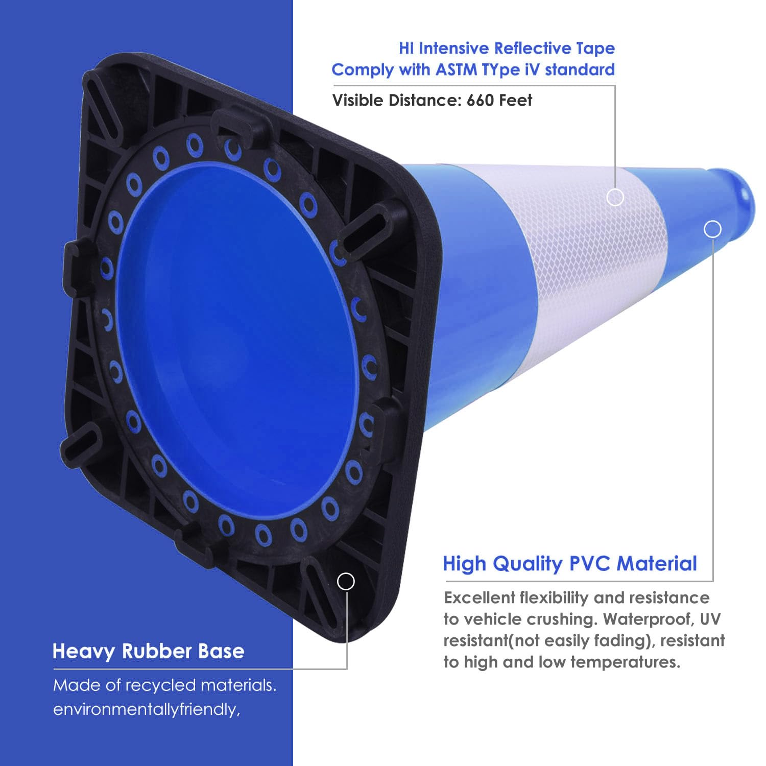 6 Pack 18" Inch Blue PVC Traffic Cones with Heavy-Duty Base, High-Visibility All-Weather Safety Cones for Road Construction, Parking Lot, and Garage Use (6, Blue, 18" Medium)