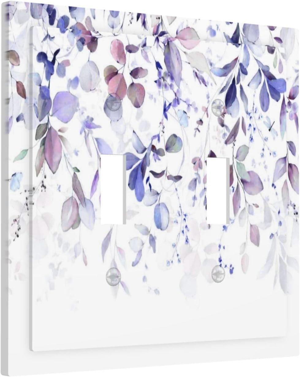 Purple Eucalyptus Watercolor Floral Rustic Leaf Decorative Switch Plates 2 Gang Double Toggle Outlet Light Switch Cover Wall Plate Electrical Faceplate for Farmhouse Home Decor