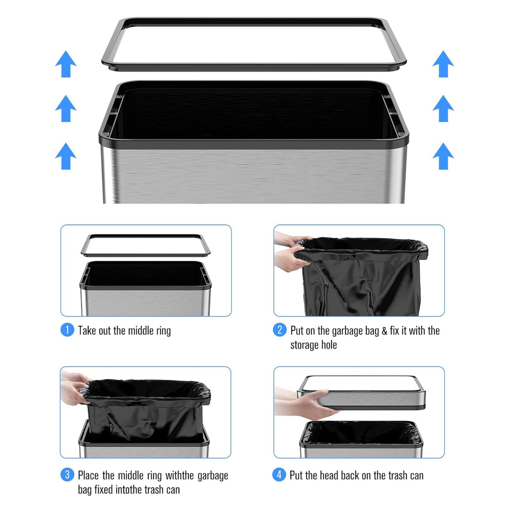 50L / 13 Gallon Smart Automatic Trash Can with Deodorizer Compartment, Stainless Steel Body and Mute Sensor Lid for Kitchen Office Living Room and More, Assemble Large Capacity Garbage Can - Silver