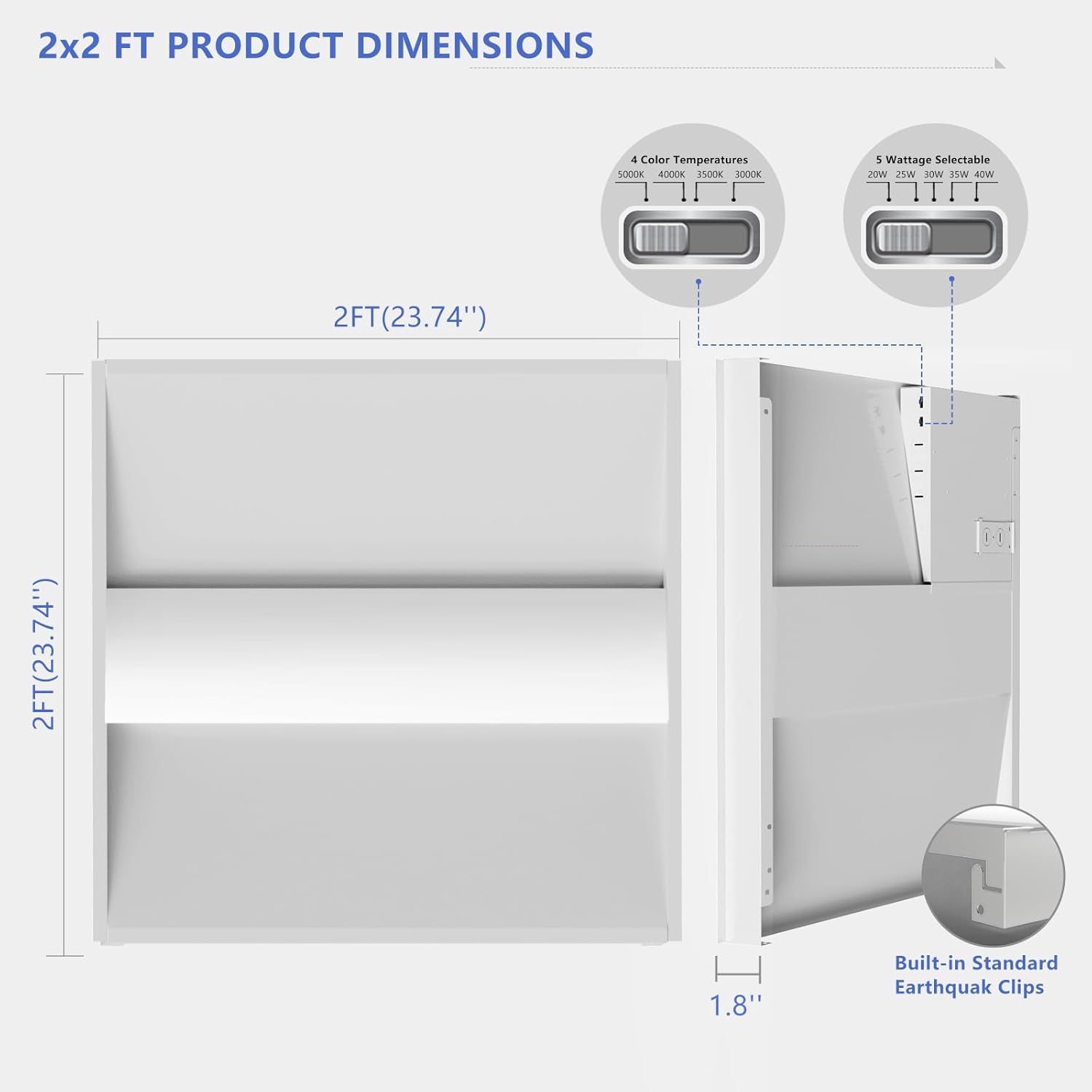 2x2 LED Troffer Light,20/W/25W/30W/35W/40W & 3000K/3500K/4000K/5000K Selectable,5200lm 0-10V Dimmable,ETL DLC Listed,100-277V,for Office & Warehouse 2 Pack